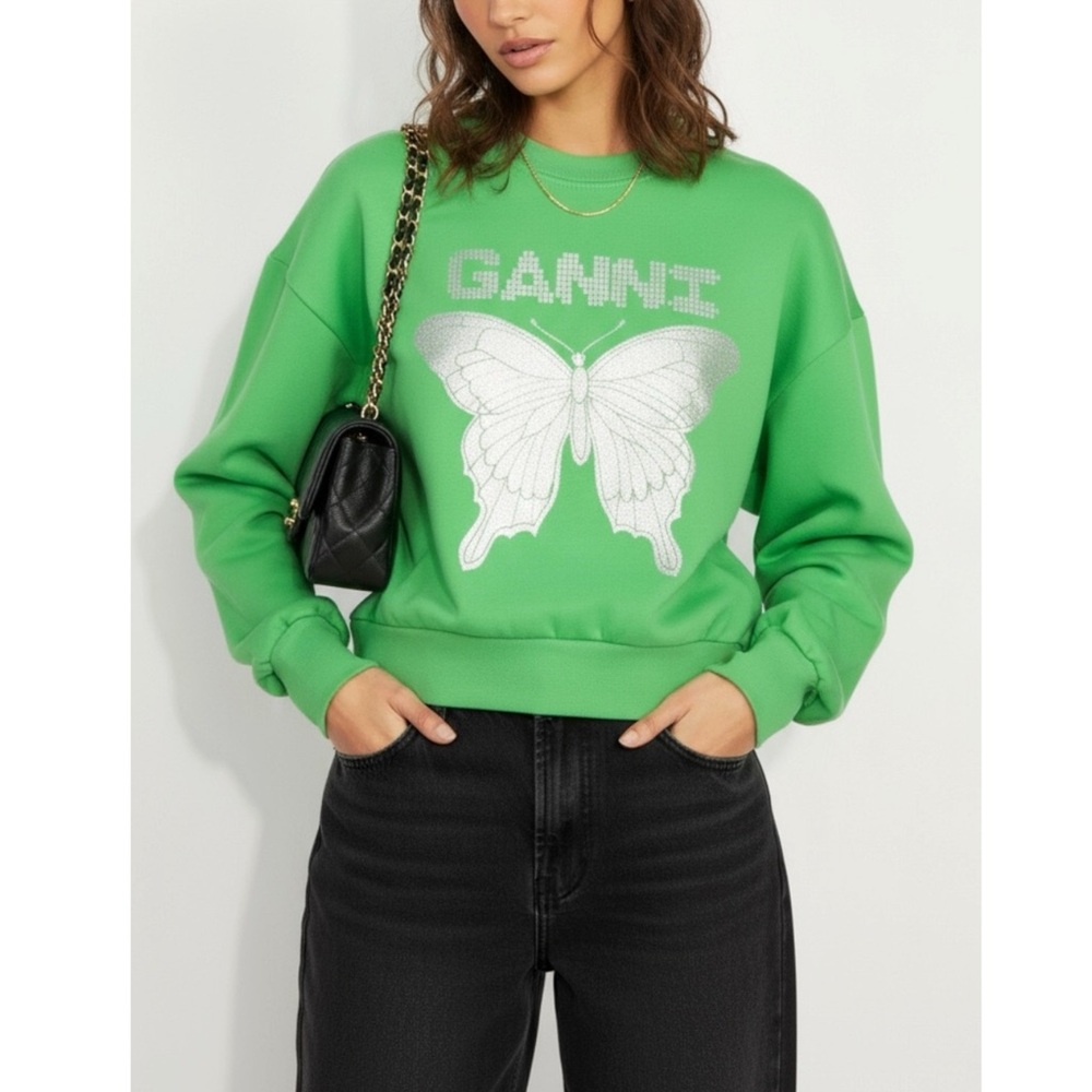 SOLD GANNI Isoli Butterfly Sweatshirt, Kelly Green, XXS - Picture 1 of 13